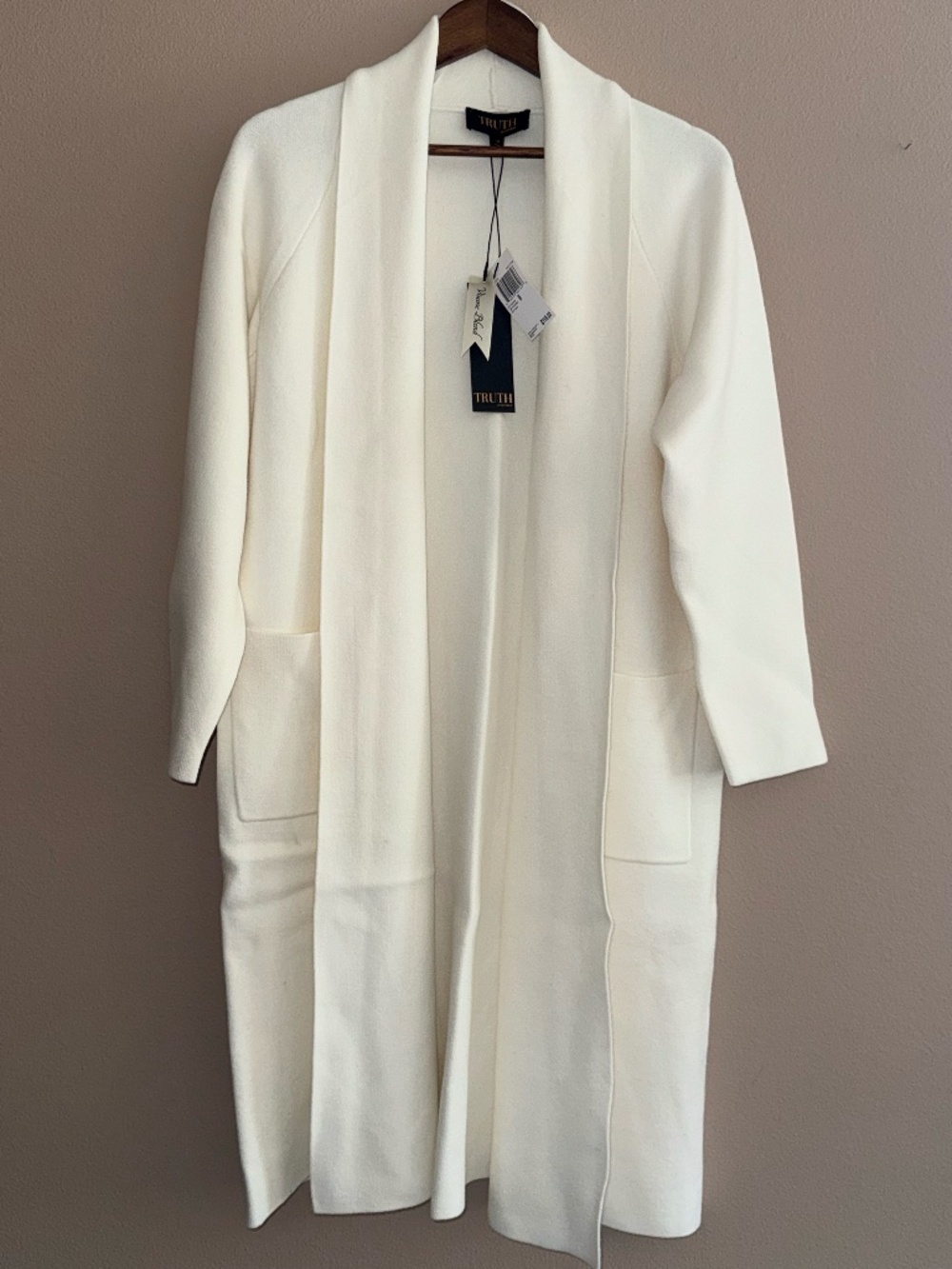 TRUTH Long Cardigan Sweater Women’s Ivory Cream Open Front Duster 40” NWT Pocket